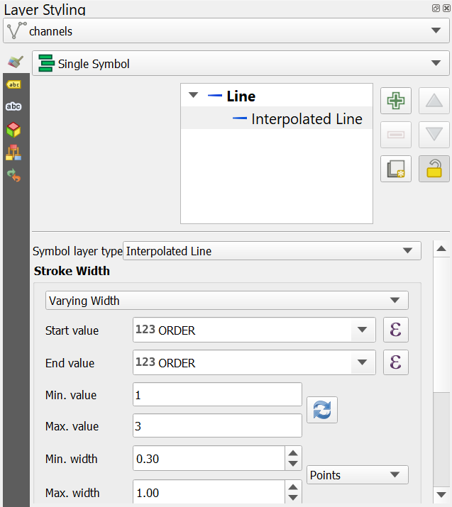 Styling Channel Strahler Orders using the Interpolated Line Renderer