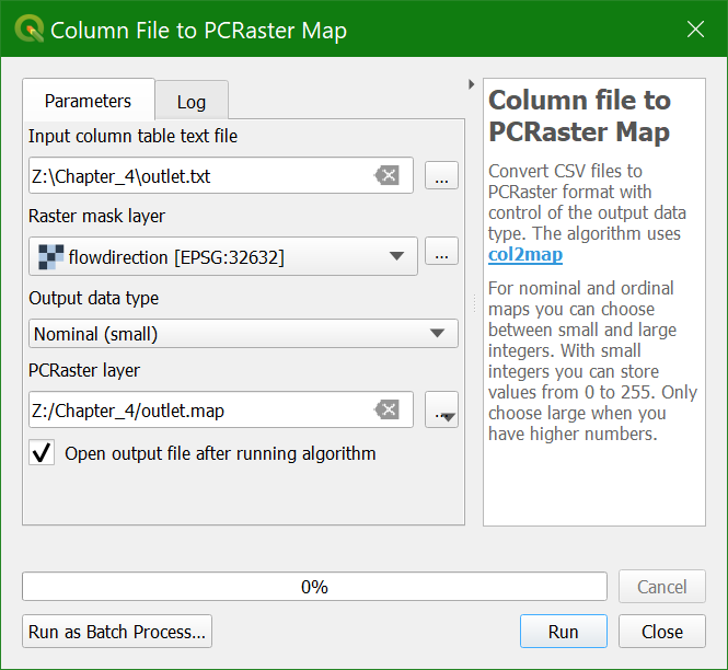 Column File to PCRaster Map Dialog