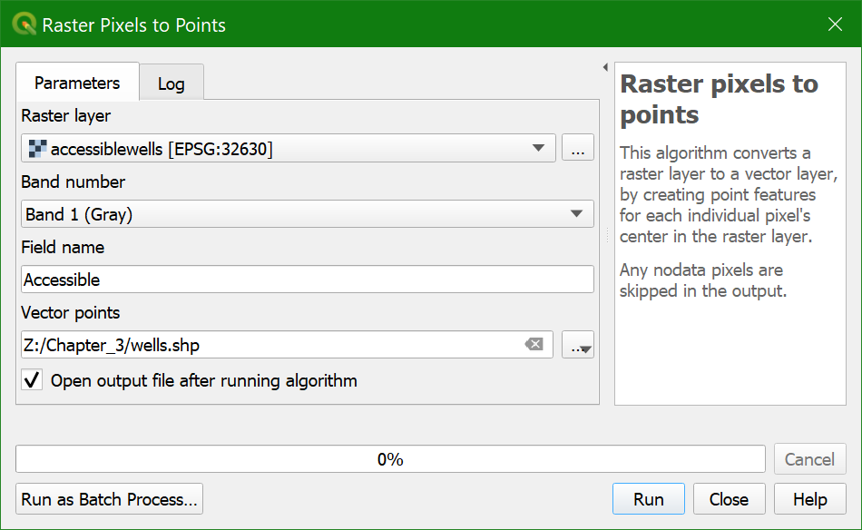 raster pixels to points dialog