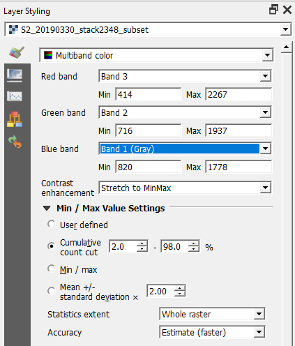 Layer styling panel settings for true colour